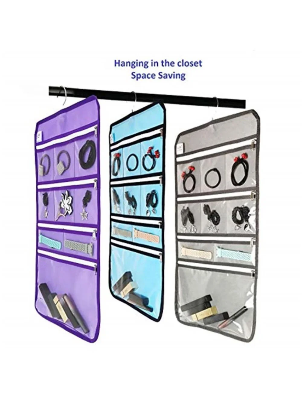 Hanging Jewelry Organizer Travel Storage Bag Clear Zipper Pocket Foldable Purple